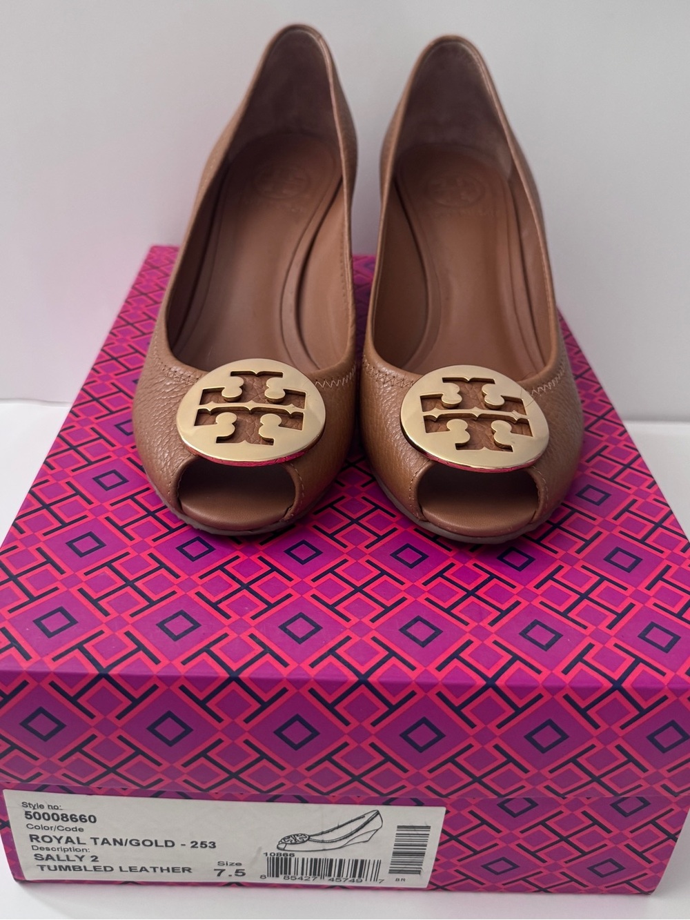 Tory Burch Sally2 Tumbled Leather, Royal Tan Peep-Toe wedges with Gold medallion